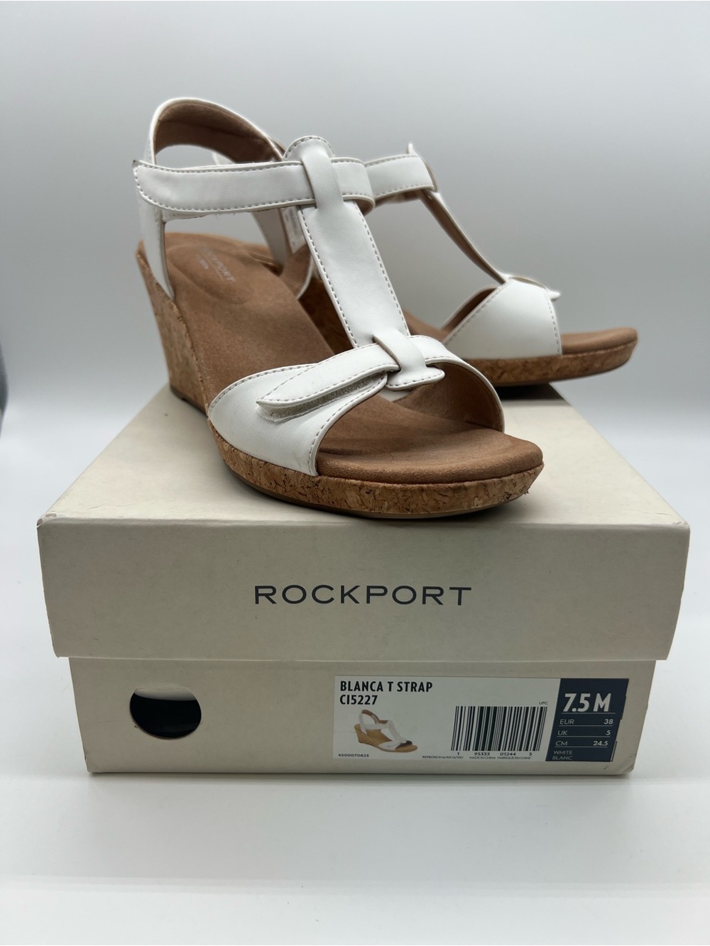 Rockport White T-Strap Cork Wedge Sandals